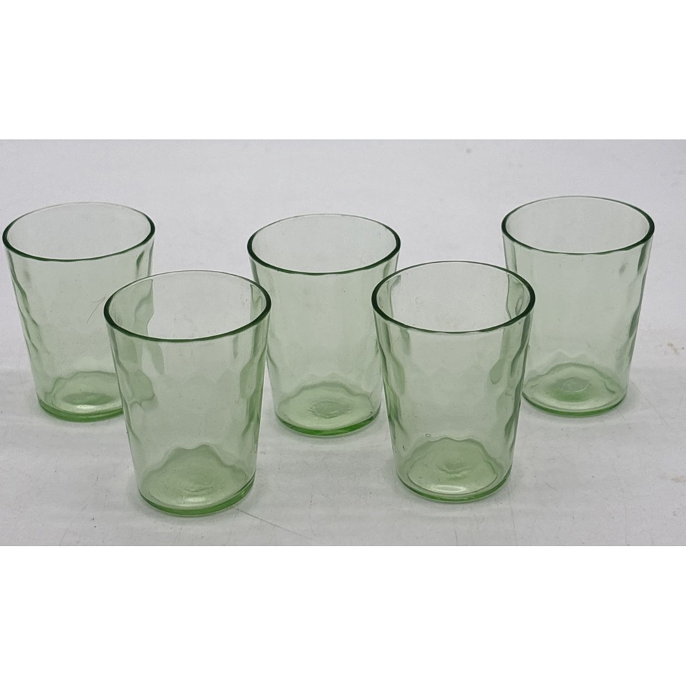5- Green Uranium Shot Glass 2.25" Vaseline Glass UV Glow MCM honeycomb